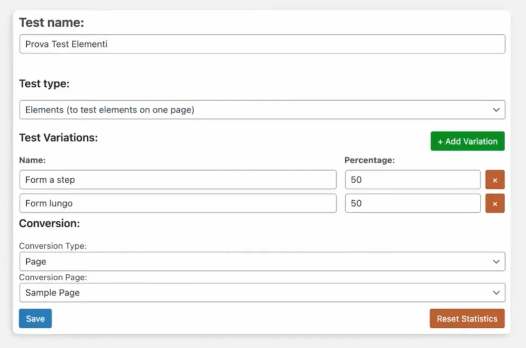 Creazione AB test basato su varianti elementi su Elementor