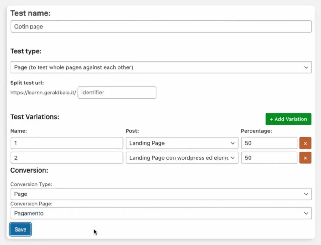 Creazione AB test basato su pagine su Elementor