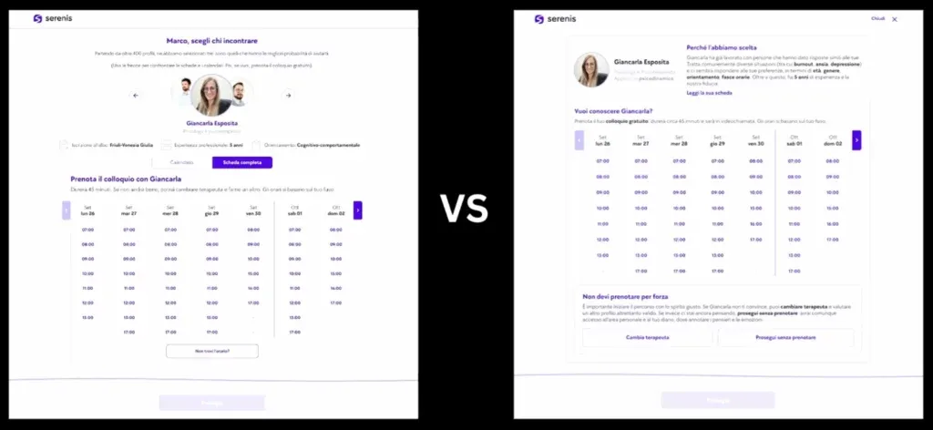 L'A/B Test per ottimizzare il processo di prenotazione su Serenis prevedeva una pagina con 3 terapeuti, e una con un solo terapeuta