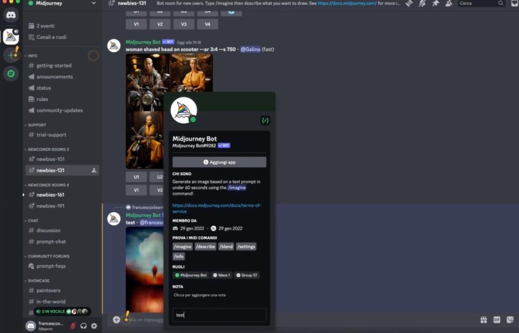 Chat privata con Midjourney Bot su Discord