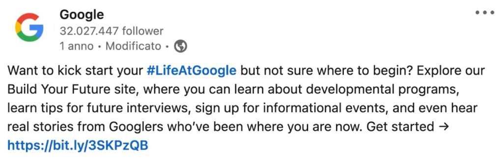 Testo di un post LinkedIn di Google che introduce il video su come trovare lavoro all'interno di Google