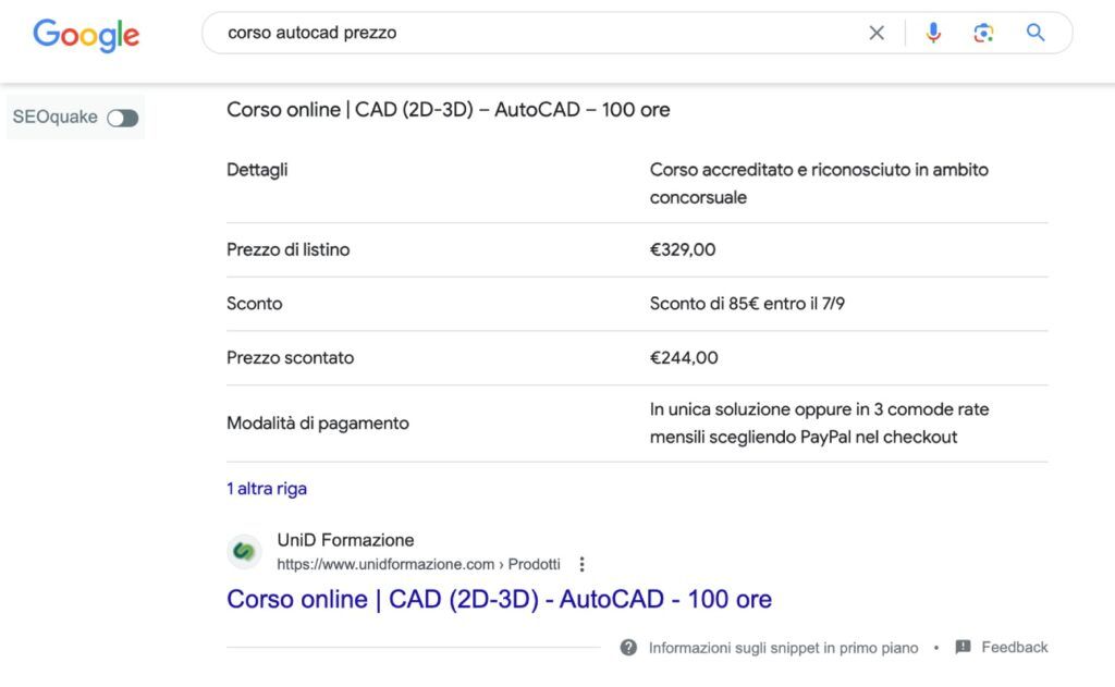 Screenshot del risultato di ricerca google per il termine 