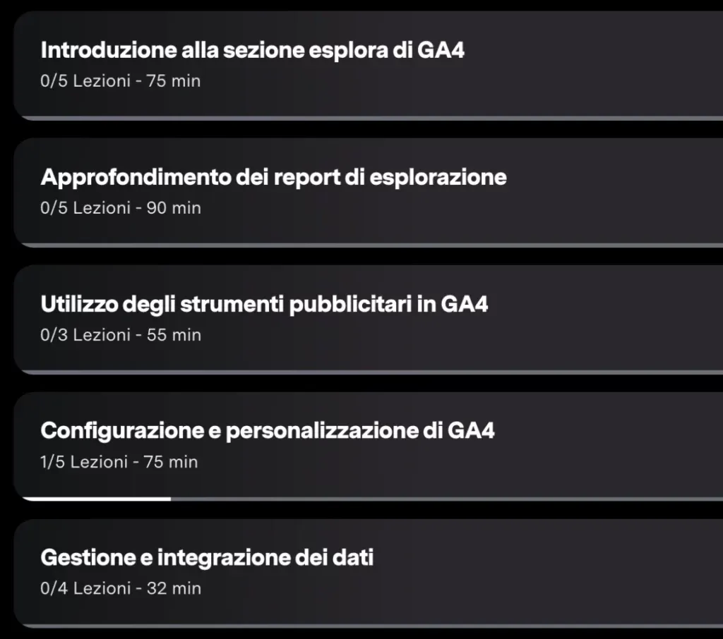 Screenshot della scaletta corso 