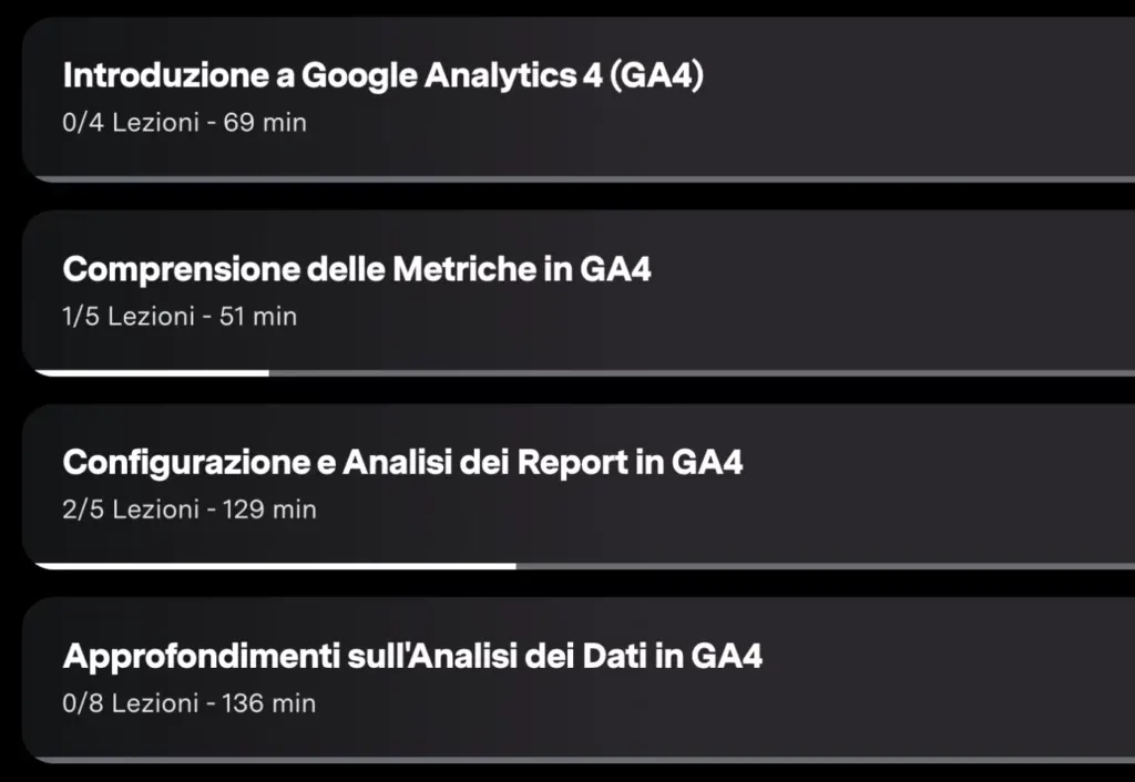 Screenshot della scaletta corso 